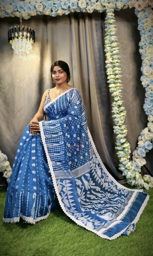 Exclusive Collection Beautiful Peacock Blue Jaal Jamdani Saree | Grocsy