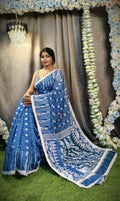 Exclusive Collection Beautiful Peacock Blue Jaal Jamdani Saree | Grocsy