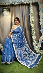 Exclusive Collection Beautiful Peacock Blue Jaal Jamdani Saree | Grocsy