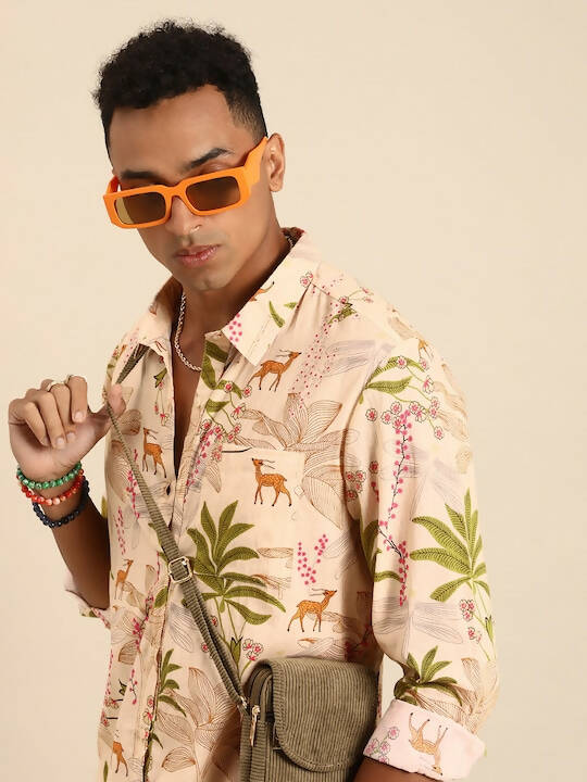 Beige Men Pure Cotton Relaxed Opaque Printed Casual Resort Shirt - Mahotsav | Grocsy