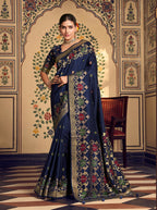 Monjolika Fashion Navy Blue Silk Blend Banarasi Zari Work Classic Saree | Grocsy