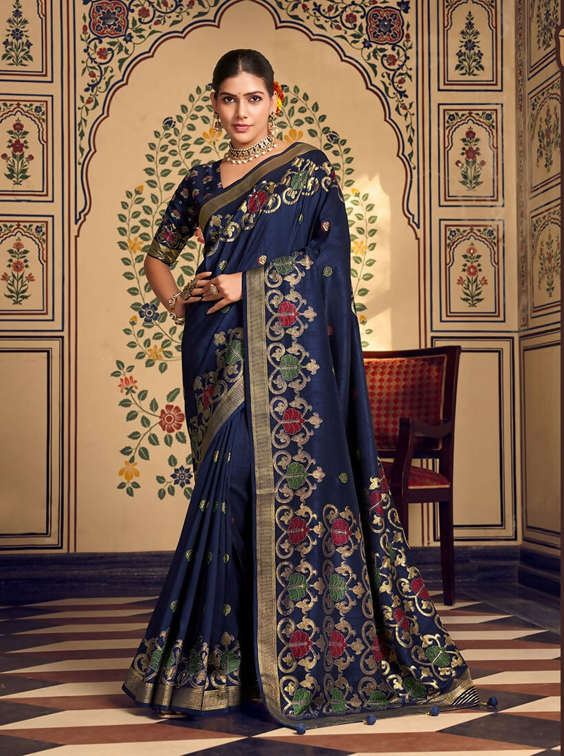 Monjolika Fashion Navy Blue Silk Blend Banarasi Zari Work Classic Saree | Grocsy