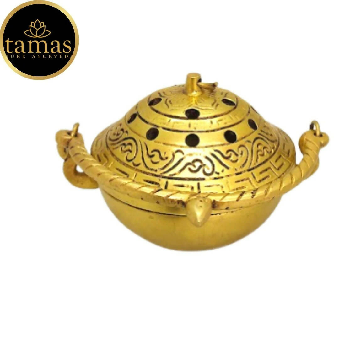 Tamas Brass Small Dhoop Burner with Handle and Lid (Golden) | Grocsy