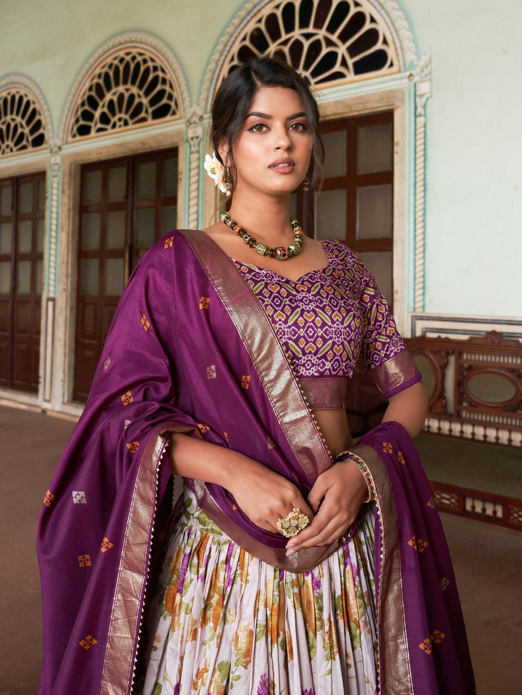 Vastranavya Exquisite Tussar Silk Lehenga Set With Perfect Floral And Patola Print Design Lehenga Choli - Wine | Grocsy