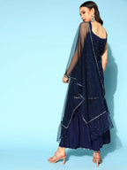 Ahalyaa Women Navy Blue Colour Crepe Foil Printed Kurta Sharara Set With Dupatta | Grocsy