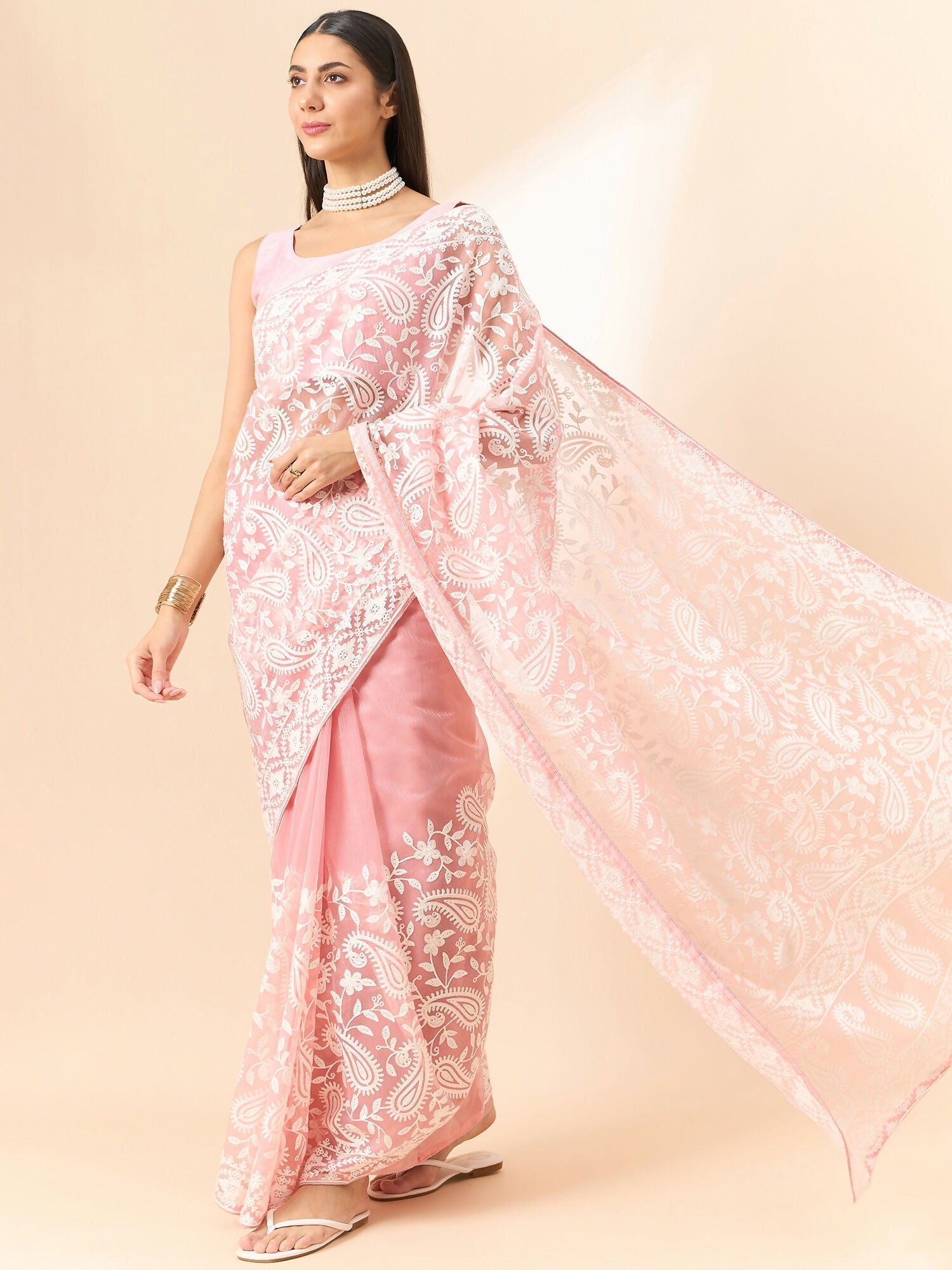 Pink Organza Paisely Embroidered Saree with Unstitched Blouse Piece - Roozal | Grocsy