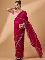 Pink Muslin Embroidered Saree with Unstitched Blouse Piece - Satya | Grocsy