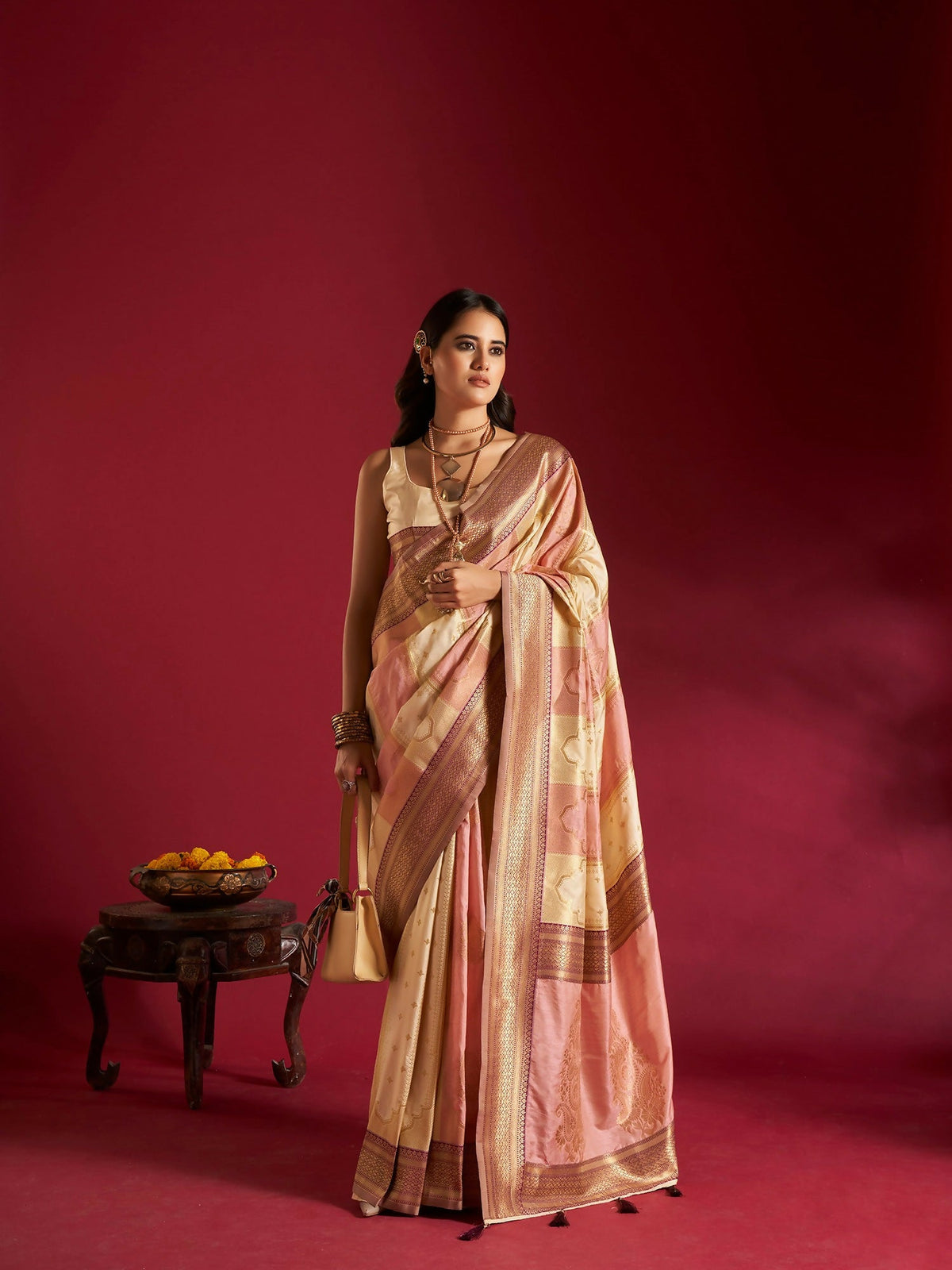 Joban Fashion Cream & Light Pink Plain With Weaving Border Banarasi Silk Sarees | Grocsy