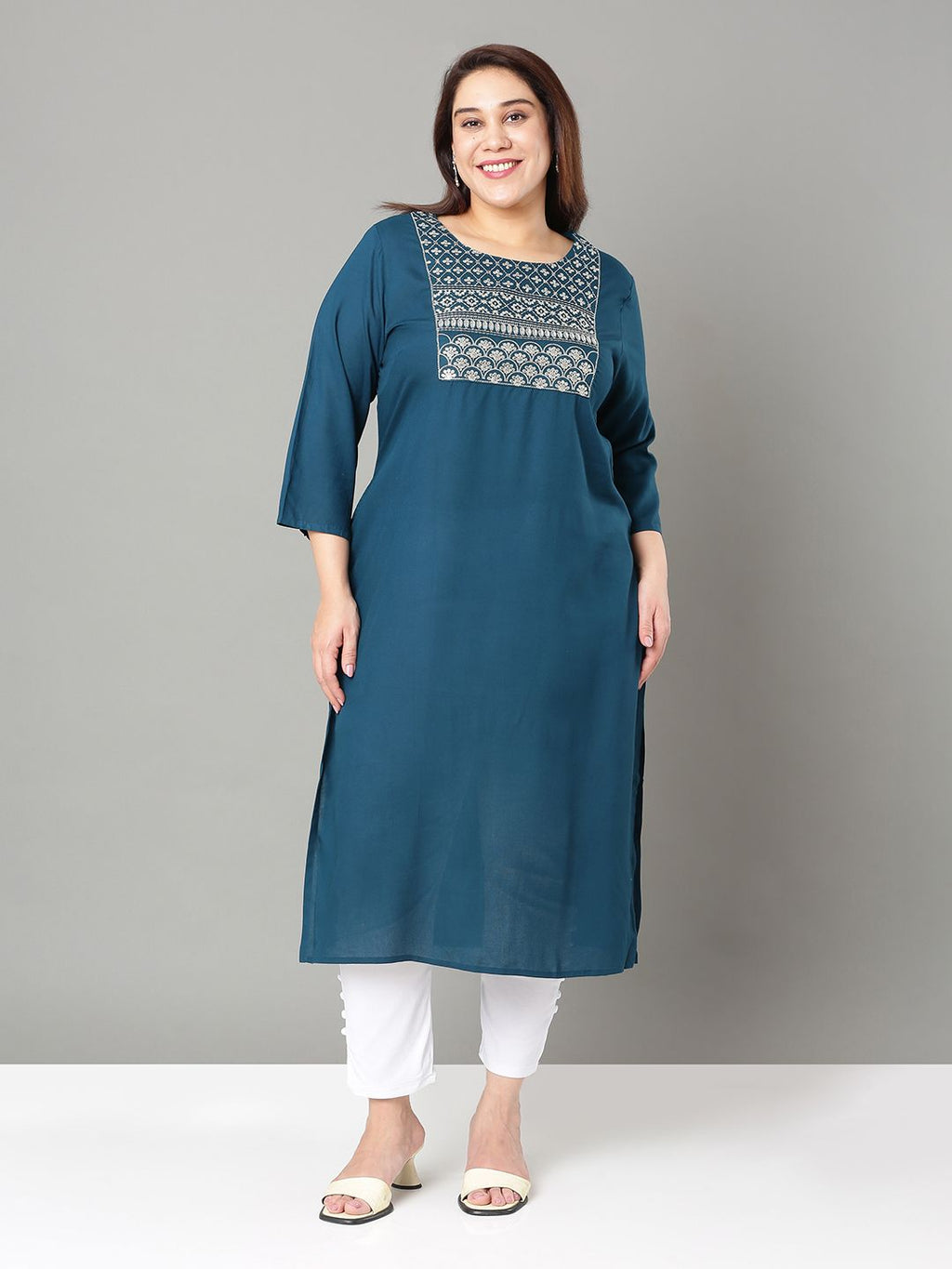Sztori Plus Size Floral Yoke Design Thread Work Straight Kurta | Grocsy