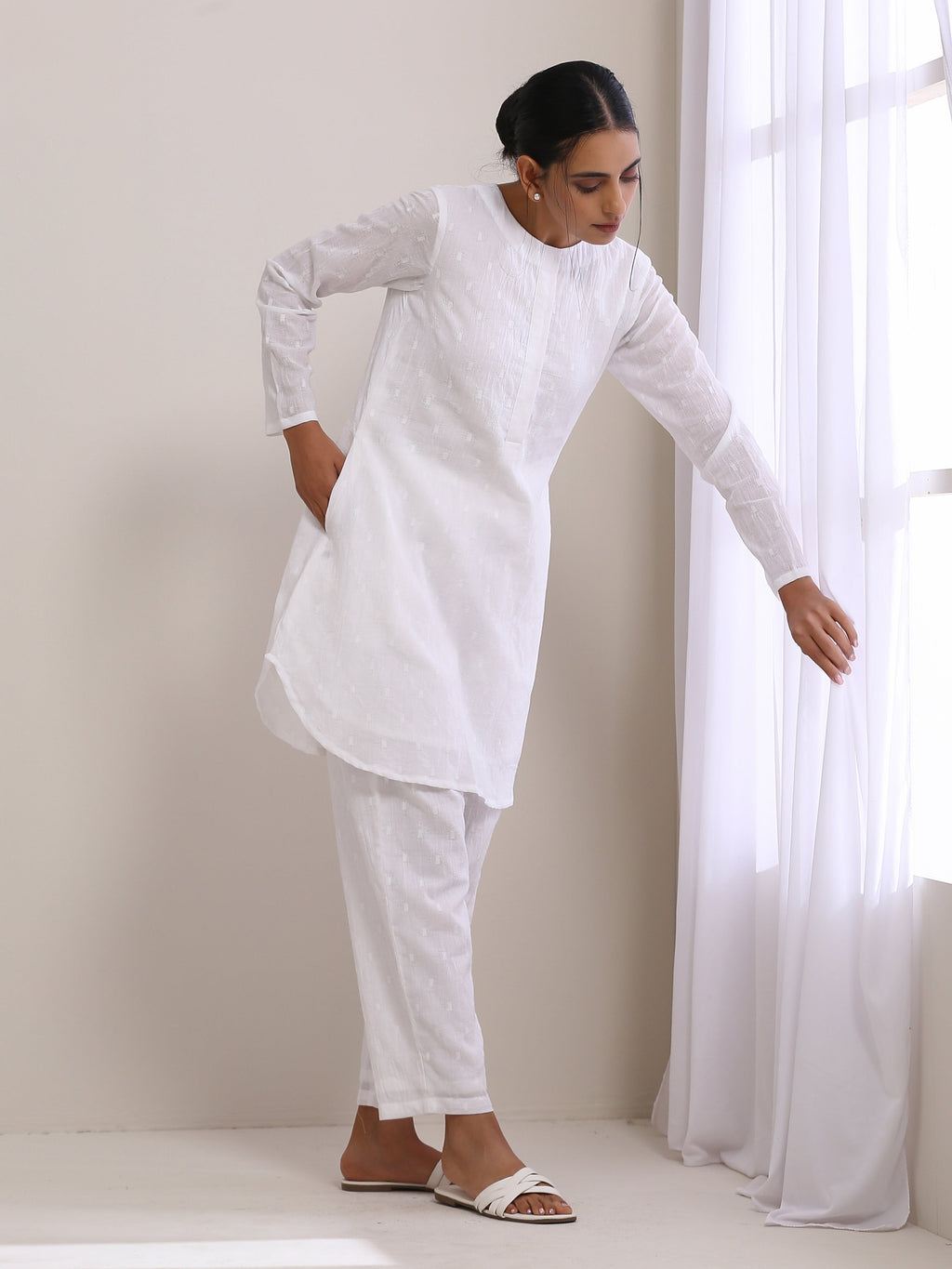 trueBrowns White Dobby Front Placket Co-Ord Set | Grocsy