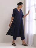 trueBrowns Blue Slub High Slit Kurta Pant Set | Grocsy