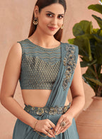 Blue Satin Embroidered Ready To Wear Saree With Unstitched Blouse Piece - Nandika | Grocsy