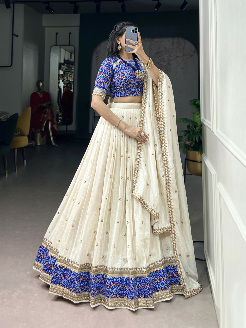 Lorenvalley Fashion White Vichitra Silk Sequins and Thread Embroidery Work Lehenga Choli with Dupatta | Grocsy