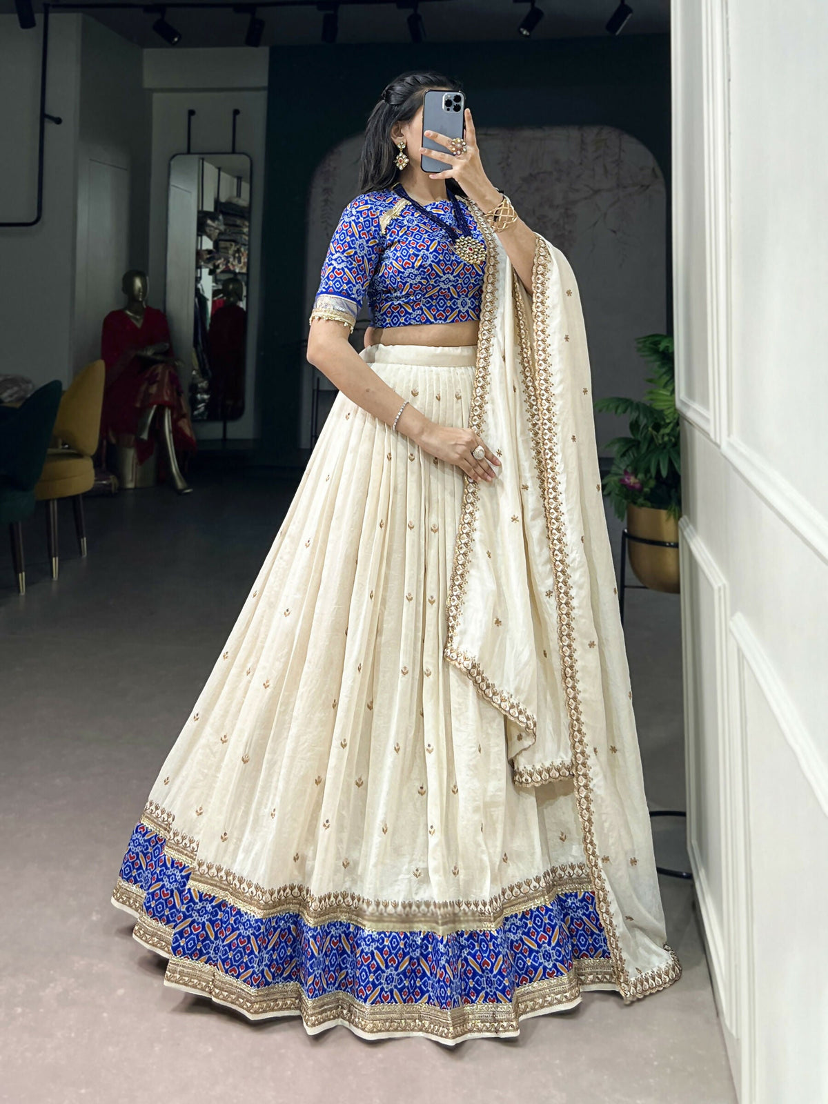 Lorenvalley Fashion White Vichitra Silk Sequins and Thread Embroidery Work Lehenga Choli with Dupatta | Grocsy
