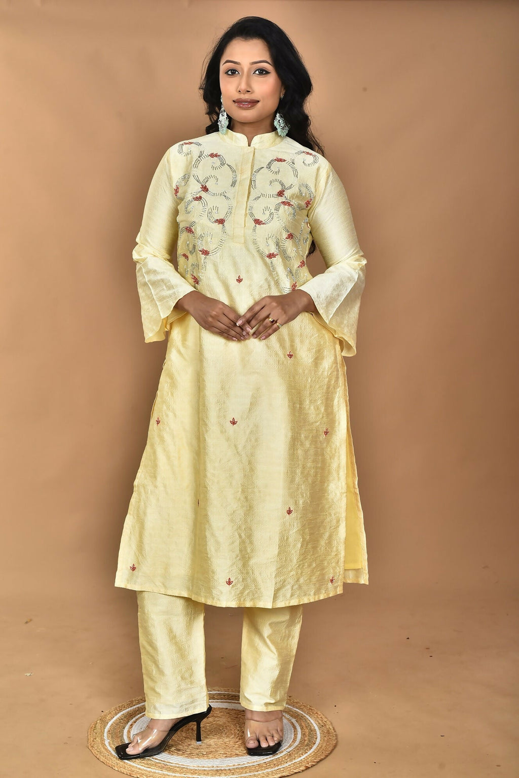 Morchari Women And Hand Embroidery Co-Ord Set-Lemon- Yellow | Grocsy