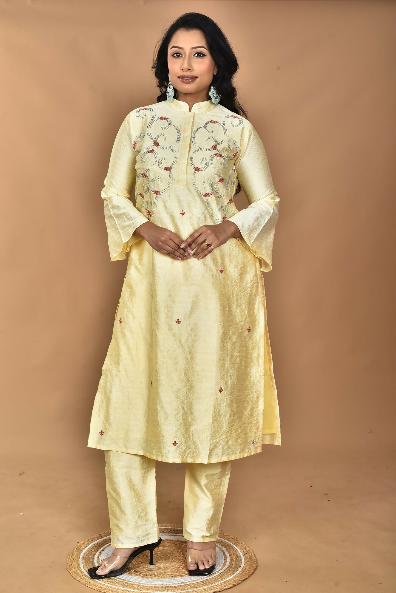 Morchari Women And Hand Embroidery Co-Ord Set-Lemon- Yellow | Grocsy