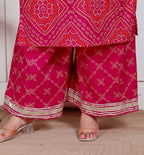 Miravan Plus Size Women'S Pink Bandhani Printed Straight Kurta With Palazzo & Dupatta | Grocsy