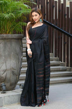 Beatitude Black Khadi Ghicha Stripes Saree | Grocsy