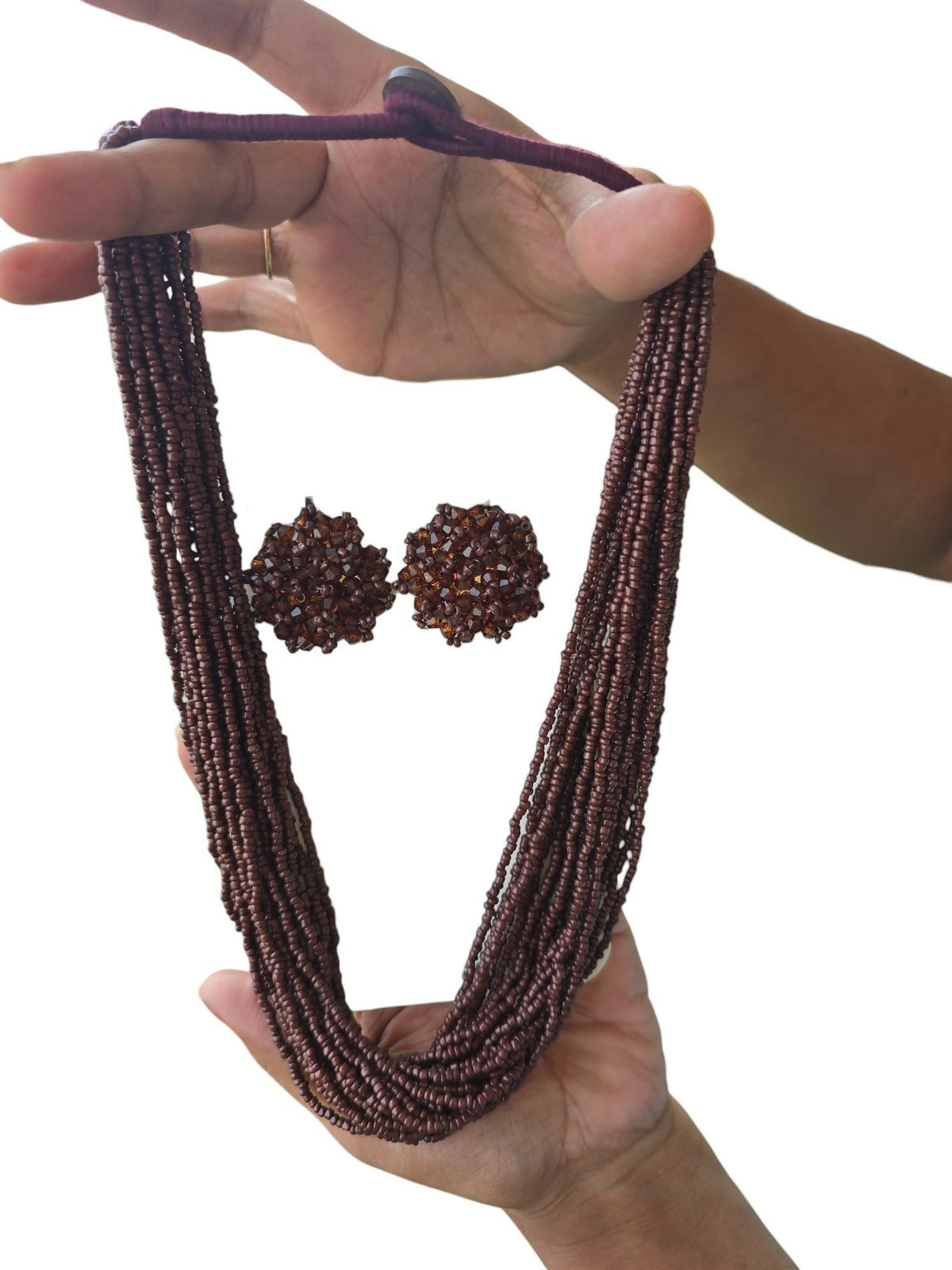 Inhanns Vibrant Handmade 20 Layers Beaded Necklace With Matching Earrings - Coffee Brown | Grocsy