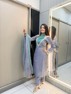 Anaita Blue Roman Shimmer Readymade Kurti Set with Designer Handwork | Grocsy