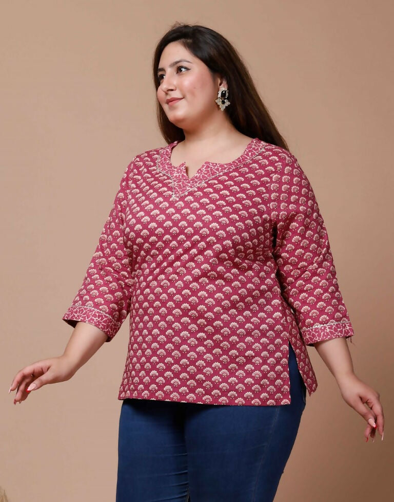 Miravan Women's Plus Size Pink Floral Printed Cotton Kurti | Grocsy