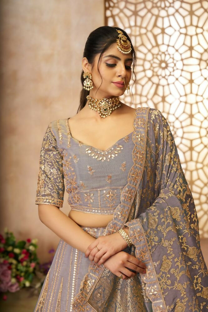 Kesar Fab Dark-Onion-Pink Net Hand_Woven Lehenga | Grocsy