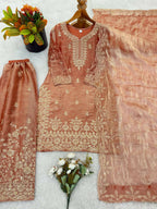 Teeya Creation Peach Color Gymmi Silk Embroidery Work Wedding Wear Sharara Set | Grocsy