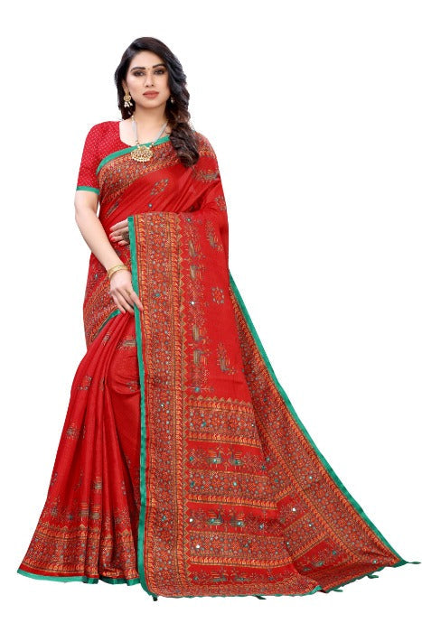 Vamika Red Mirror Work With Jhalar Khadi Silk Saree (AASHI RED) | Grocsy