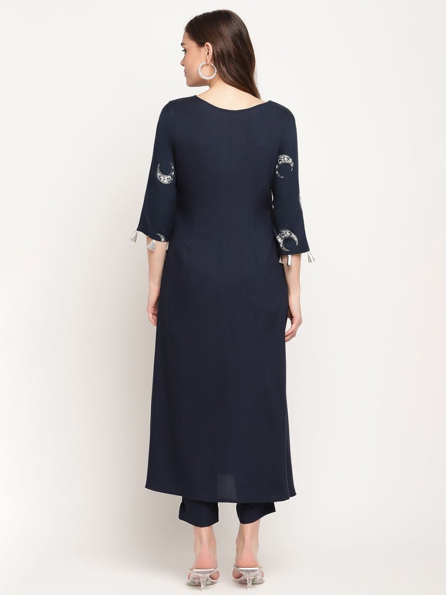 Ahalyaa Women's Navy Blue Rayon Foil & Khari Print Kurta Trouser Set | Grocsy