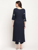 Ahalyaa Women's Navy Blue Rayon Foil & Khari Print Kurta Trouser Set | Grocsy