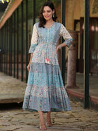 Juniper Women's Blue Cotton Cambric Geometric Printed Tiered Maxi Dress | Grocsy