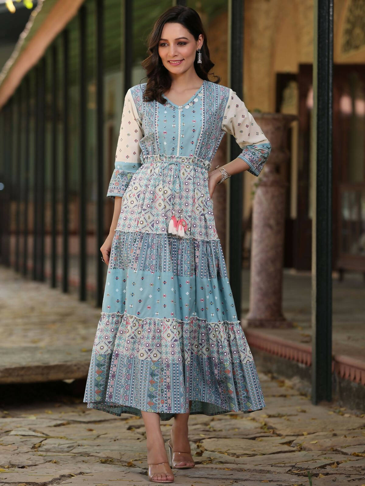 Juniper Women's Blue Cotton Cambric Geometric Printed Tiered Maxi Dress | Grocsy