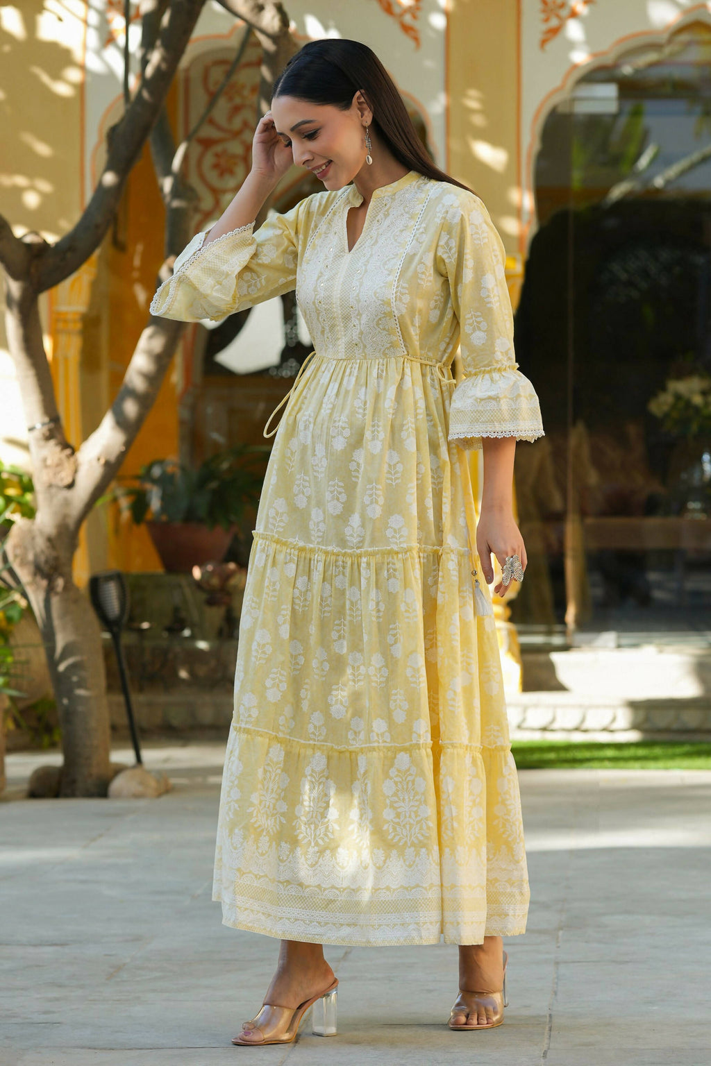 Juniper Women's Lemon Yellow Printed Teired Dress | Grocsy
