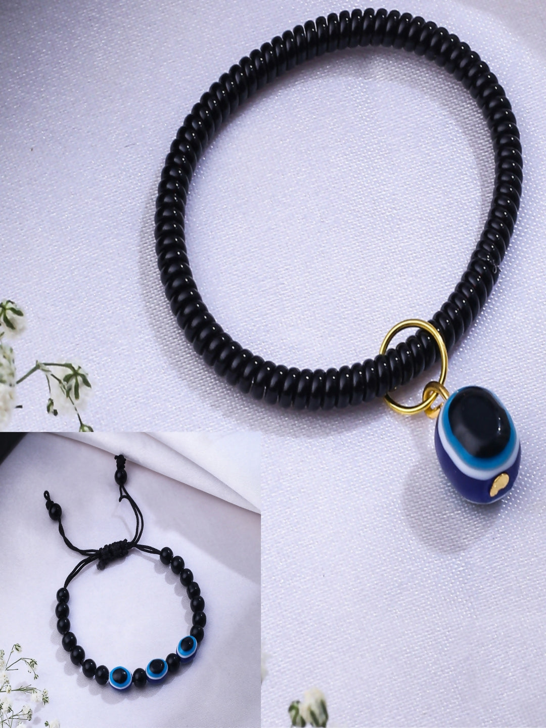NVR Women & Men Set of 2 Black Evil Eye Rakhi With Roli Chawal | Grocsy
