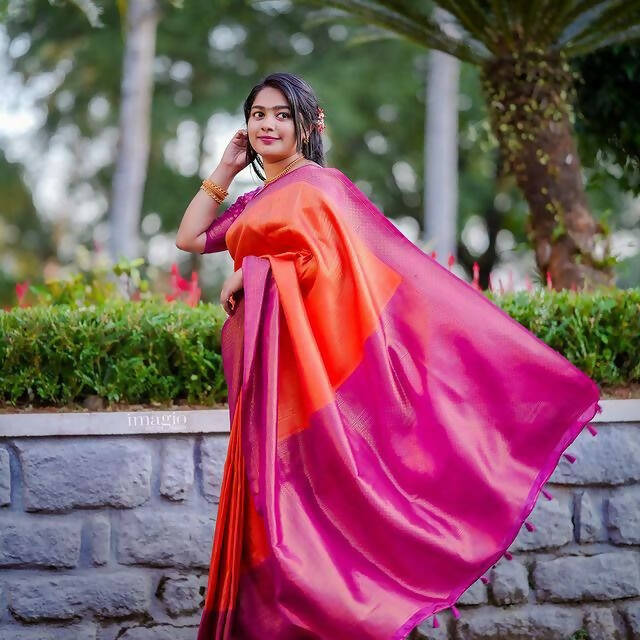 DEIANA'S Beautiful Designer Golden zari Soft Lichi Silk Saree - Orange | Grocsy