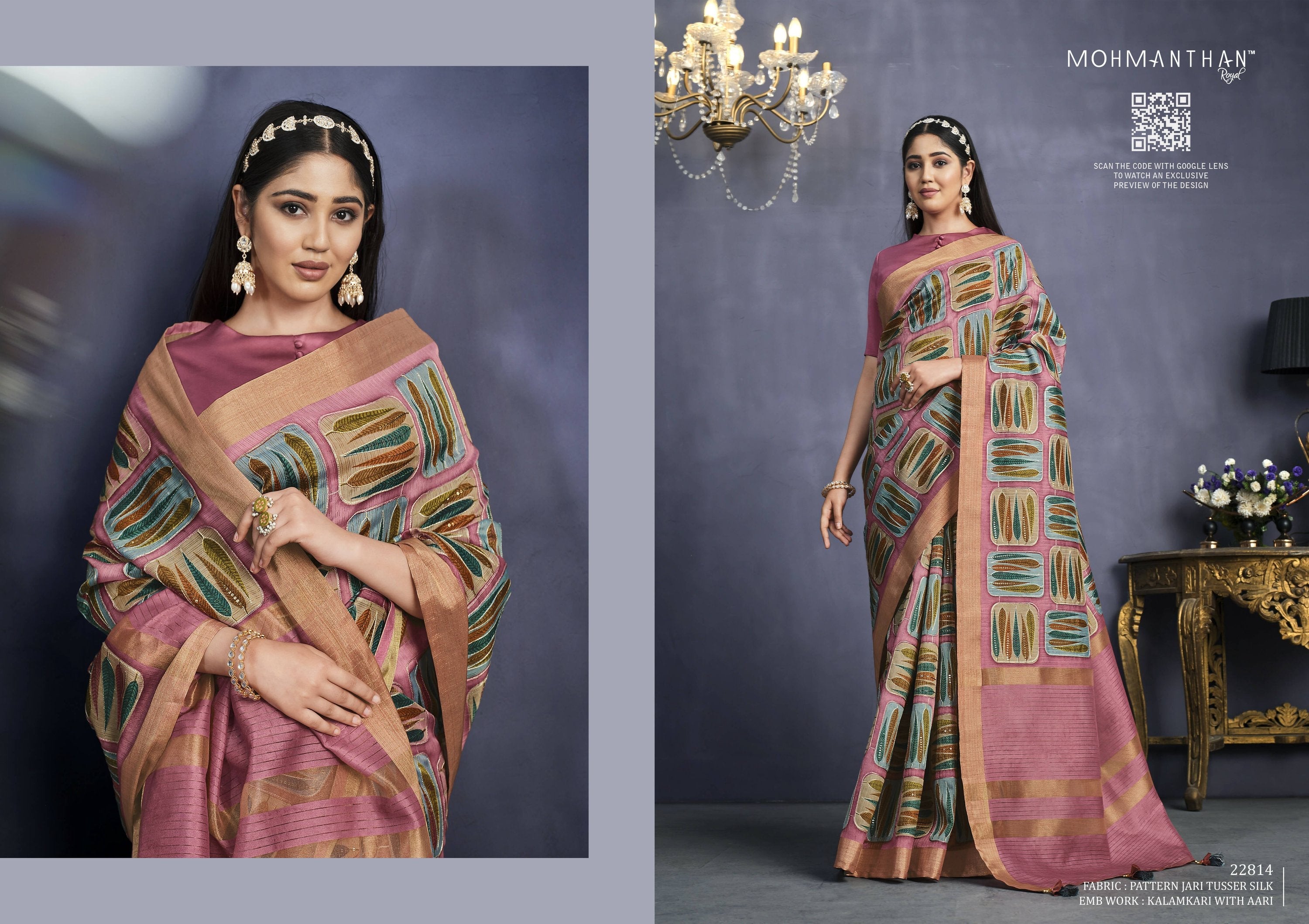 Pink Tusser Silk Floral Printed With Embroidered Work Saree With Unstitched Blouse - Mohmanthan Aahana | Grocsy