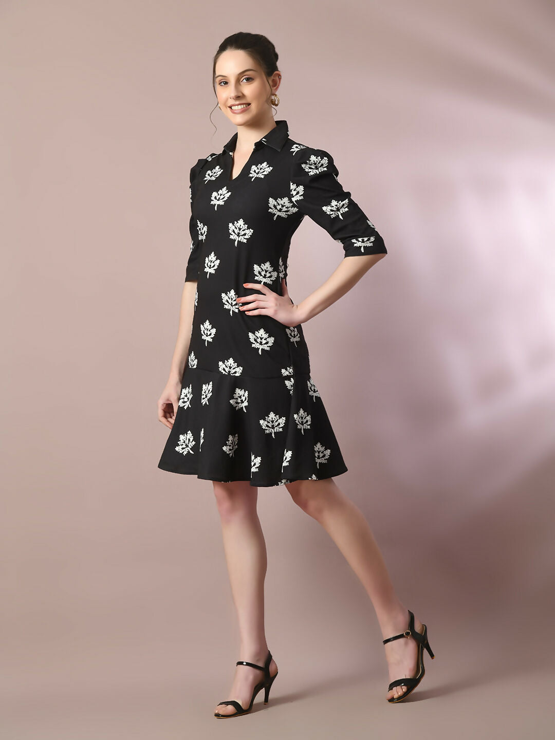 Myshka Women's Black Printed Shirt Collar Fit and Flare Party Dress | Grocsy