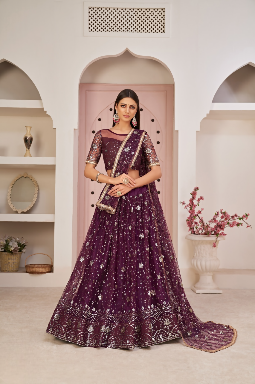 Eilara Women'S Wine Butterfly Net Thread With Zari Sandwich Sequence Embroidered Work Lehenga Choli For Festivals | Grocsy