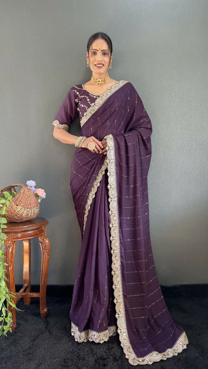 Vastranavya Purple Georgette Silk Swarovski & Heavy Lace Work Ready to Wear Saree | Grocsy