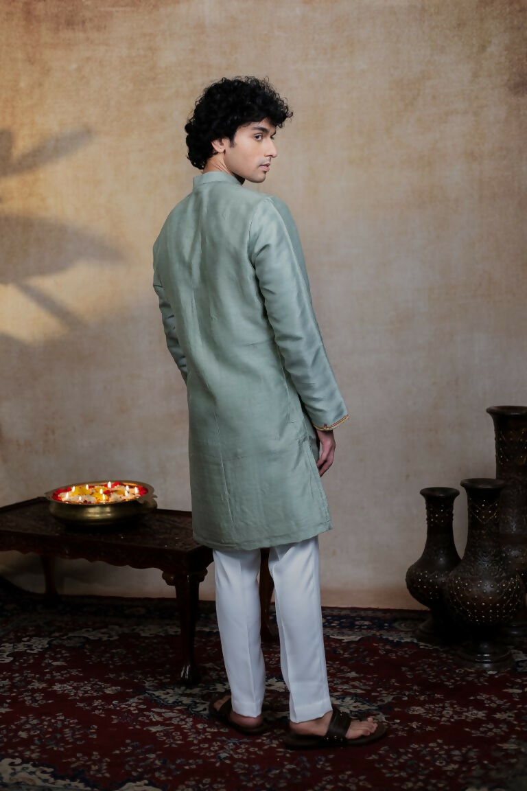 Falling Raw Silk Olive Green Kalika Kurta Set By Hilo Design | Grocsy
