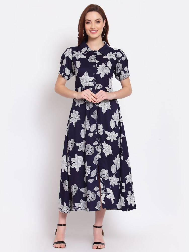 Myshka Women's Navy Blue Printed Cotton Short Sleeve Collar Neck Casual Dress | Grocsy