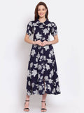 Myshka Women's Navy Blue Printed Cotton Short Sleeve Collar Neck Casual Dress | Grocsy