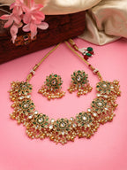 NVR Women's Gold-Polished Green Kundan- Studded & Beaded Handcrafted Temple Jewellery Set | Grocsy