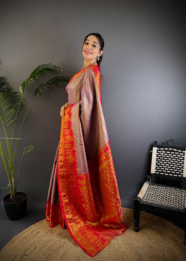 Elora Multicolor Silk Leheriya Meenakari Zari Weaves Dharmavaram Saree | Grocsy