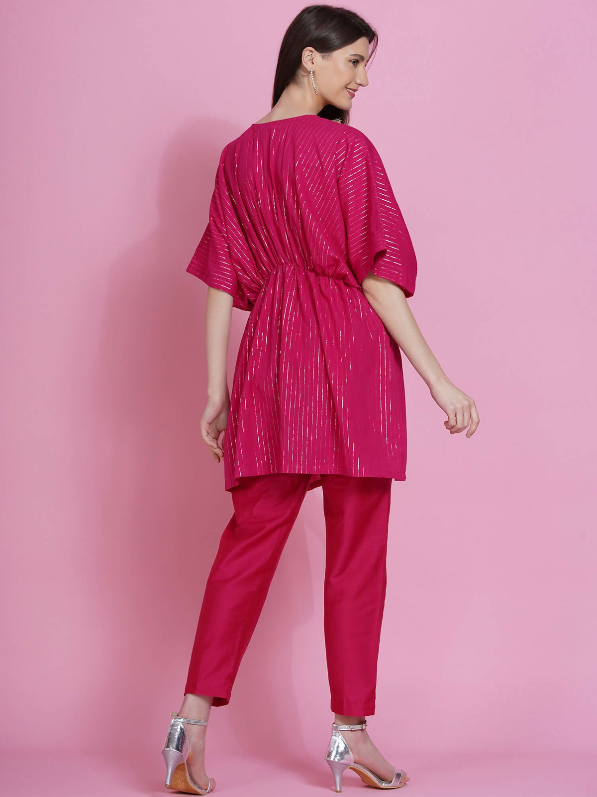 Women Republic Pink Lurex Cotton Kaftan Style Kurta With Pants | Grocsy