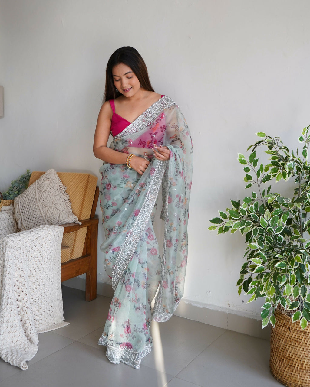 Vamsee Ferry Green Organza Saree | Grocsy