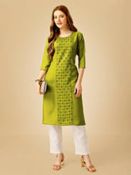Jyoti Fashion Women's Green Cotton Blend Embroidered Kurta Pant Set | Grocsy