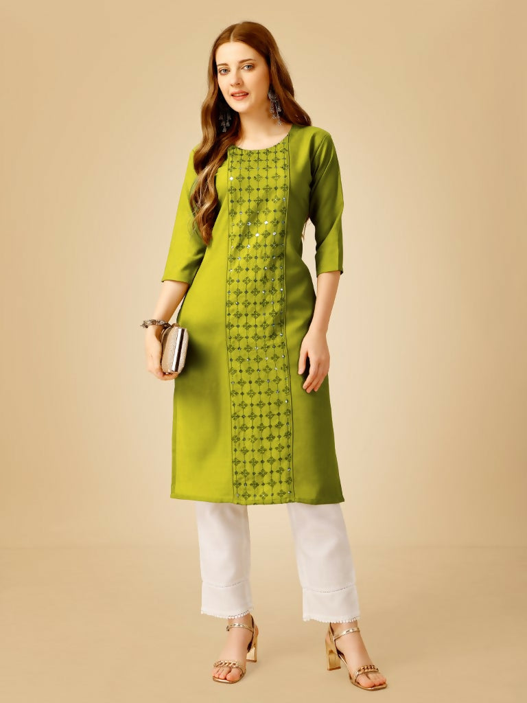 Jyoti Fashion Women's Green Cotton Blend Embroidered Kurta Pant Set | Grocsy