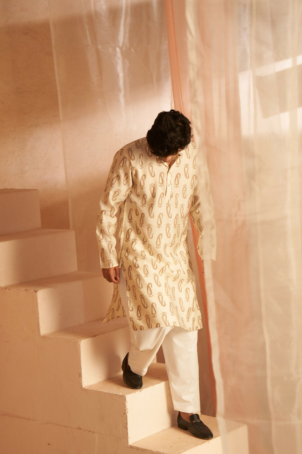 Off White Modal Silk Designer Printed Men's Kurta Set - Mahotsav | Grocsy