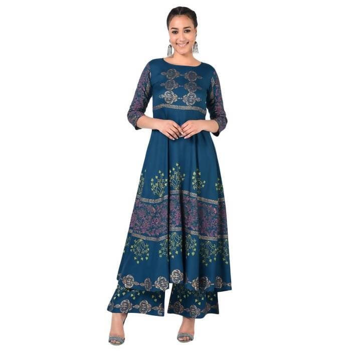 Aniyah Rayon Floral Print Flared Kurta Blue (AN-160K) | Grocsy